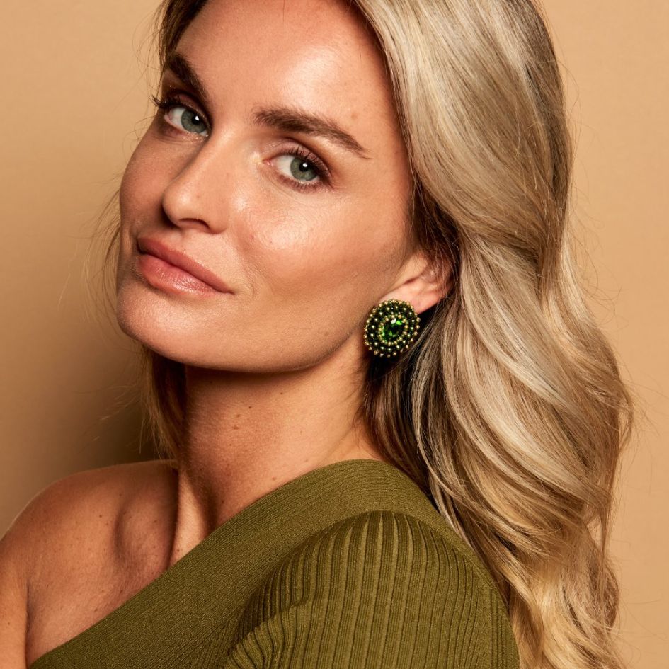 Claire Stone Earrings - Green - Model - Paulie Pocket