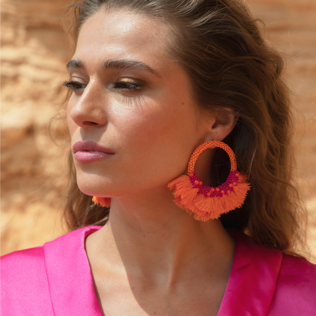 Donna Earrings - Orange Fuchsia - Model - Paulie Pocket2
