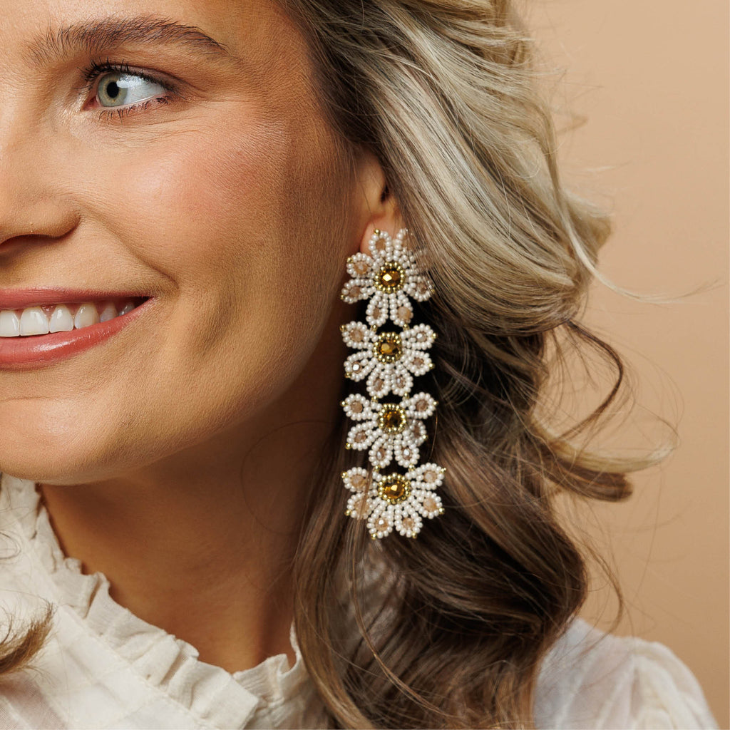 Flowery Statement Earrings - Beige Gold - Model - Paulie Pocket2