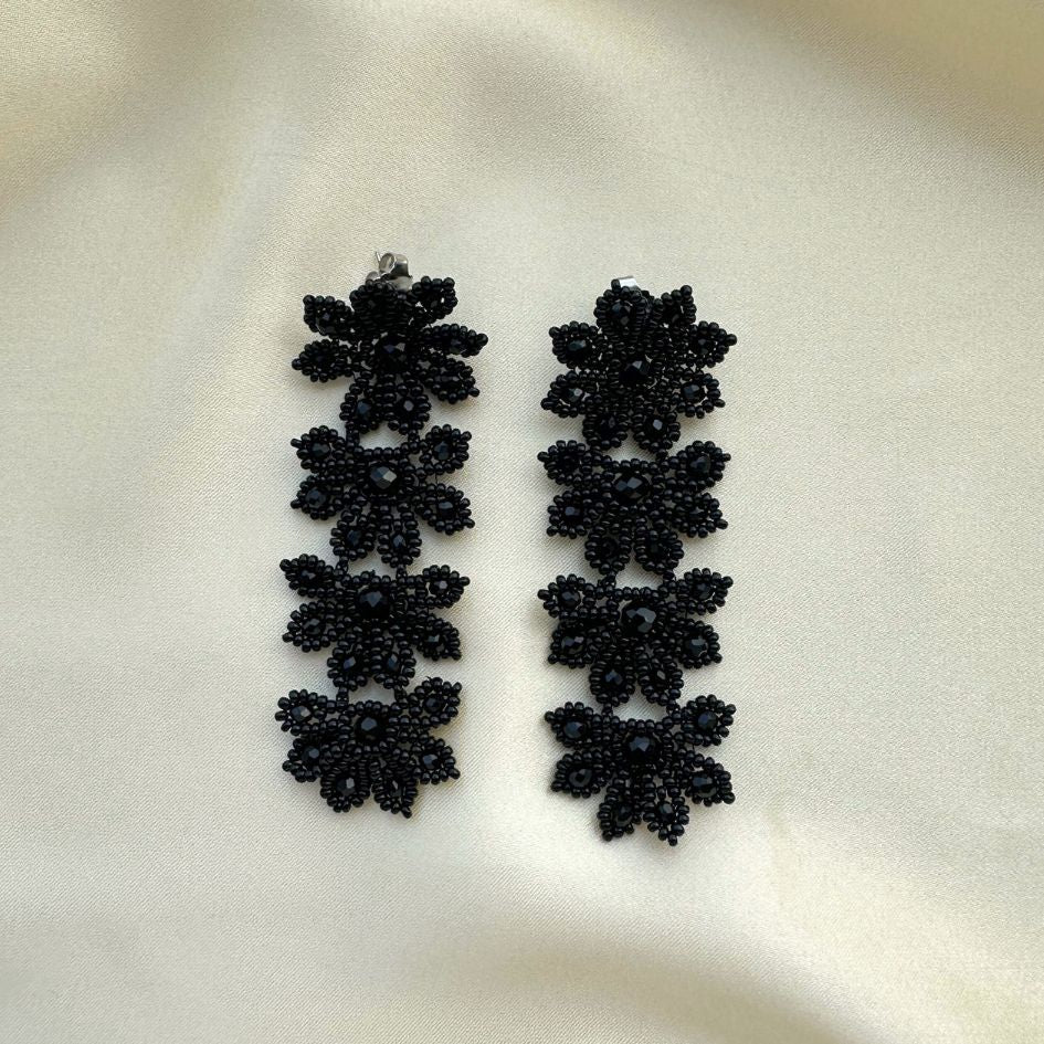 Flowery Statement Earrings - Black - Satin - Paulie Pocket
