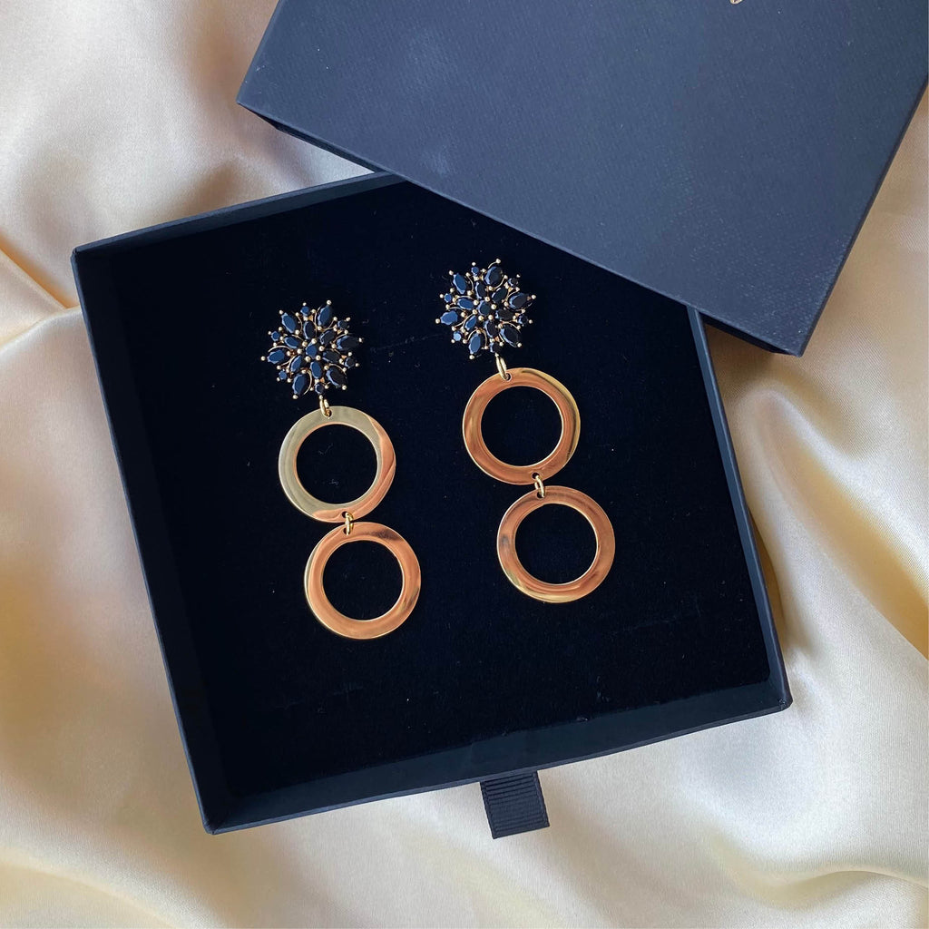 Gold Flower Earrings - Black - Gift Box - Paulie Pocket
