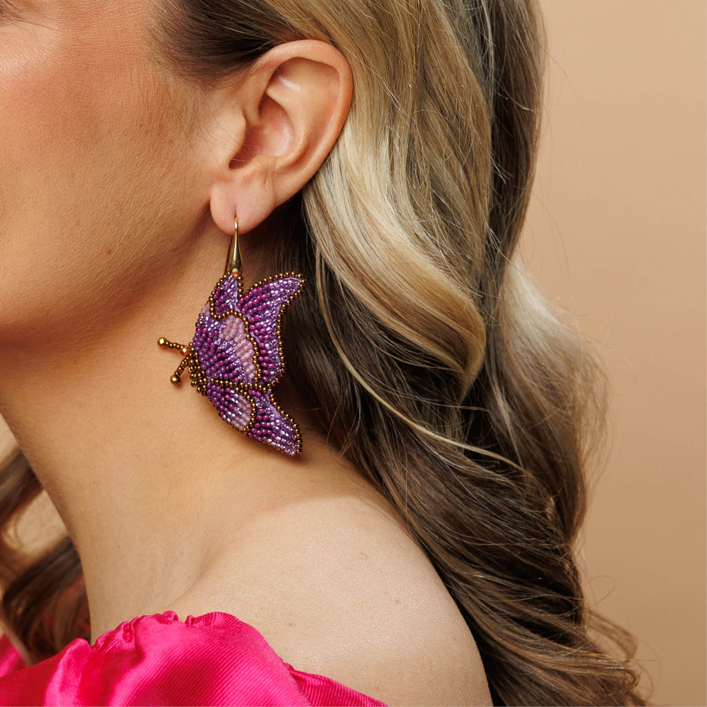 Butterfly Earrings - Purple - Model - Paulie Pocket2