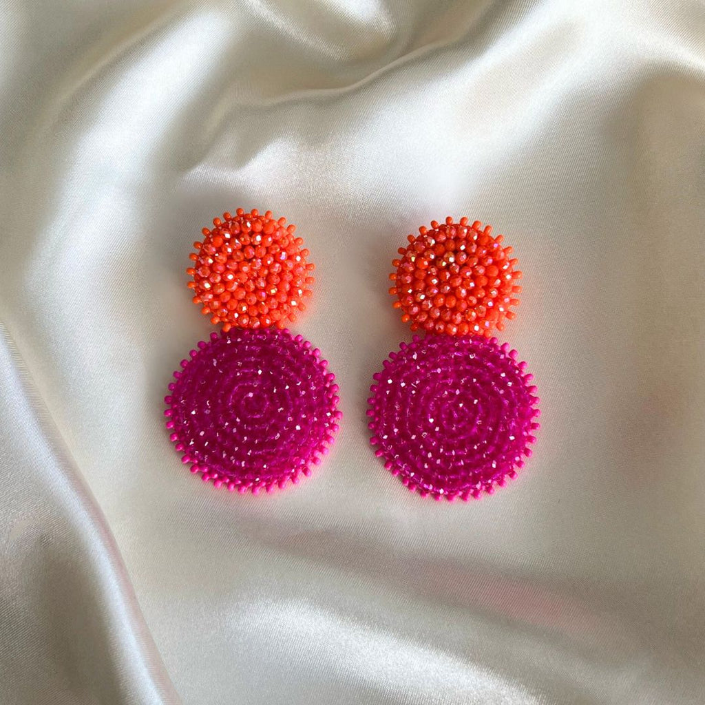 Double Beads Earrings - Orange Fuchsia - Satin - Paulie Pocket