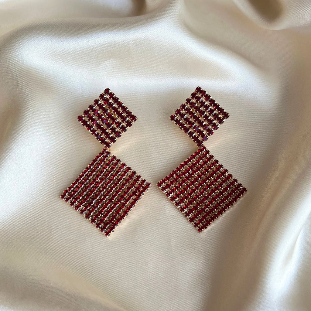 Double Square Strass Earrings - Bordeaux Red - Satin - Paulie Pocket