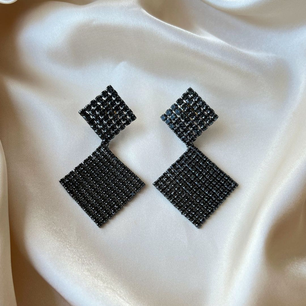 Double Square Strass Earrings - Dark Grey - Satin - Paulie Pocket