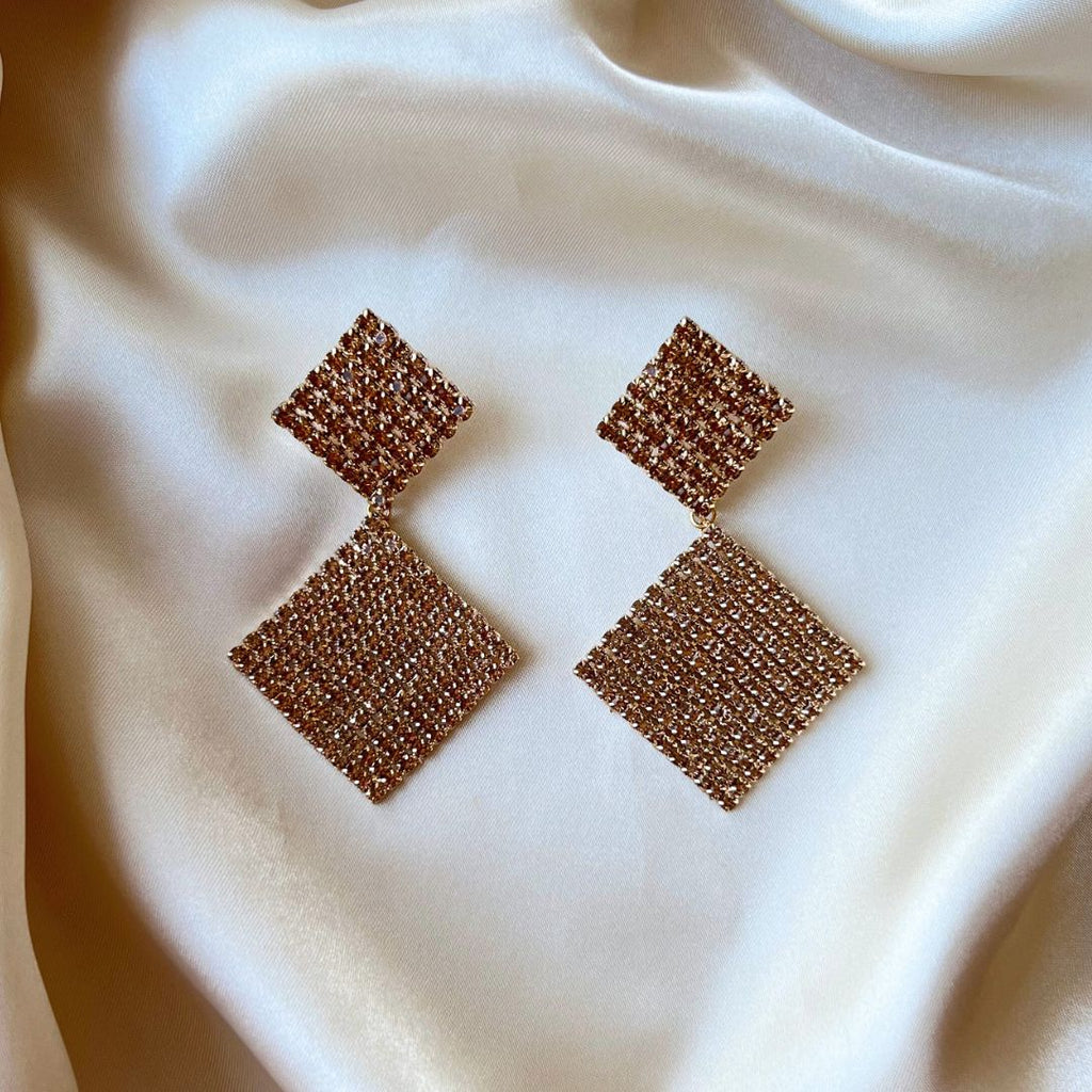 Double Square Strass Earrings - Gold - Satin - Paulie Pocket