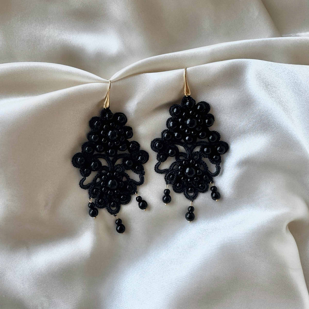 Floral Lacy Earrings - Black - Satin - Paulie Pocket
