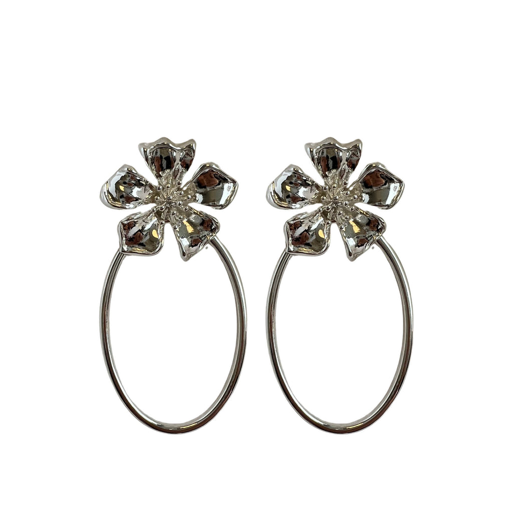 Flower Oval Hoops Earrings - Silver - Paulie Pocket