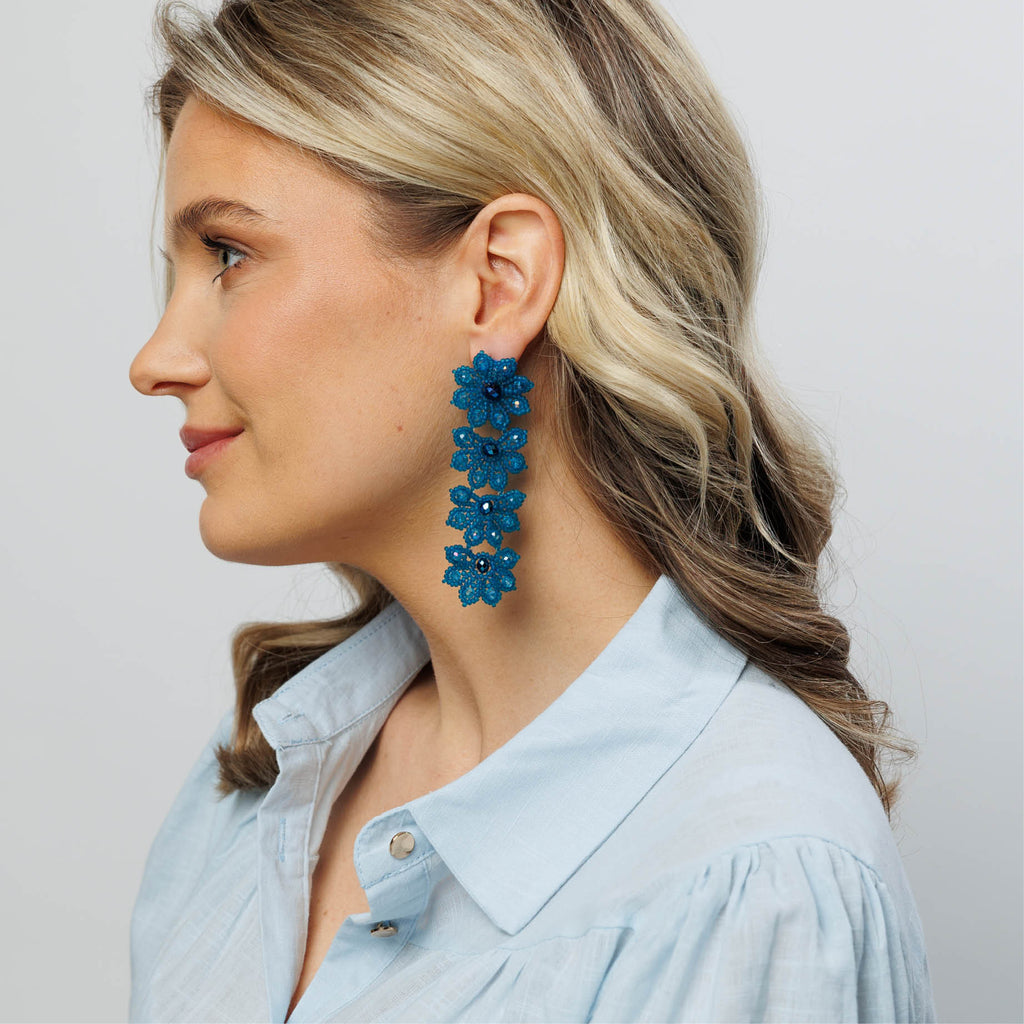Flowery Statement Earrings - Blue - Model - Paulie Pocket