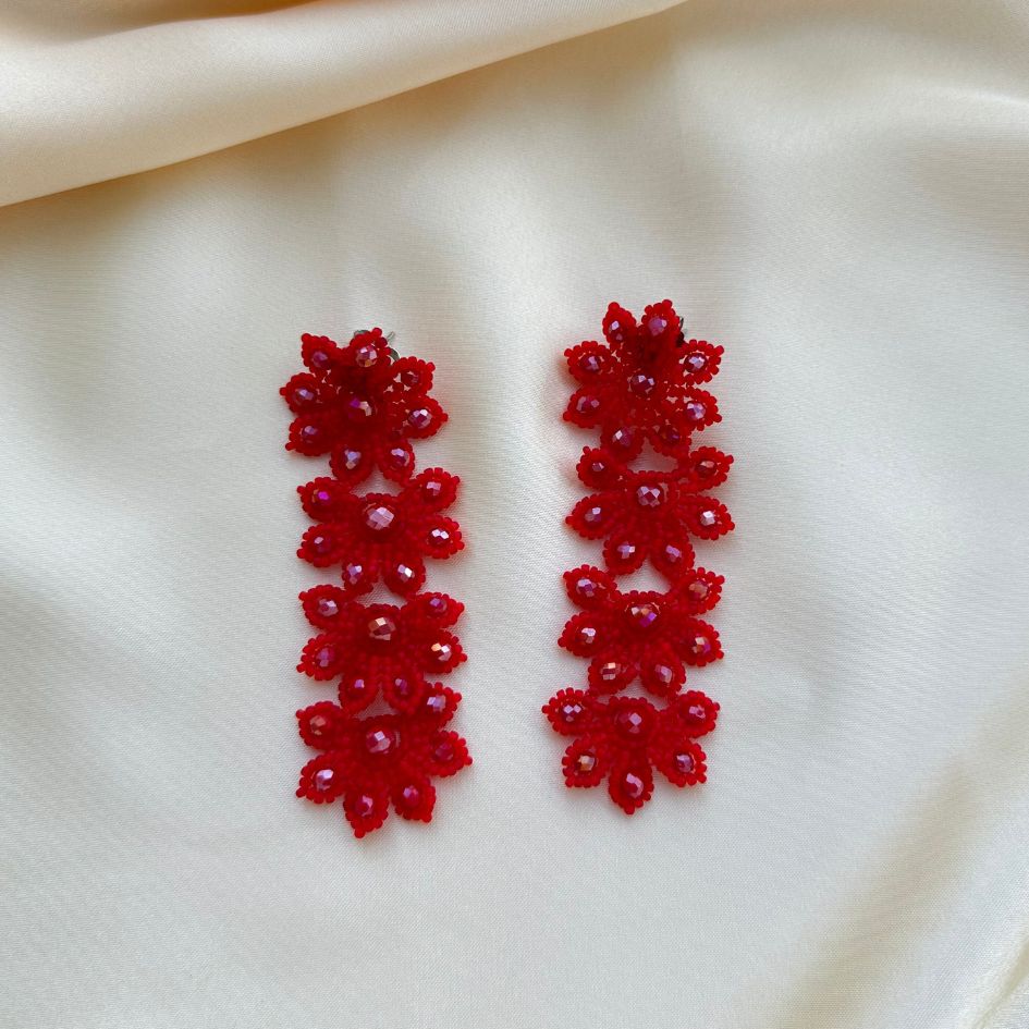 Flowery Statement Earrings - Red - Satin - Paulie Pocket
