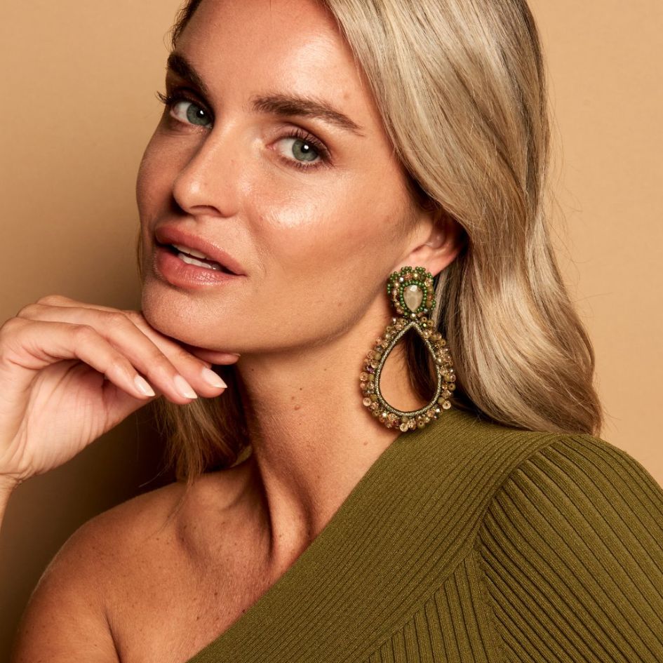 Grande Lauren Stone Earrings - Olive Green - Model - Paulie Pocket