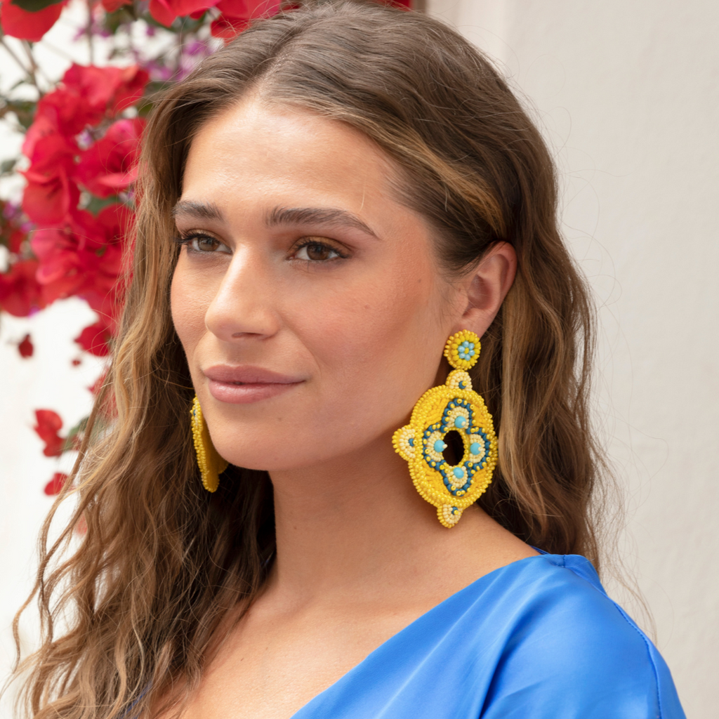 Grande Lola Earrings - Yellow - Model - Paulie Pocket