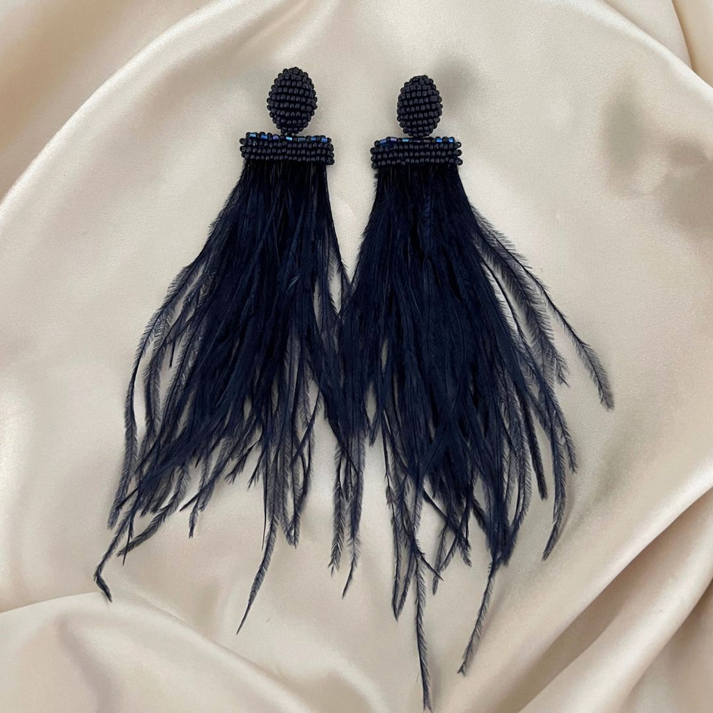 Isadora Feather Earrings - Dark Blue - Satin - Paulie Pocket