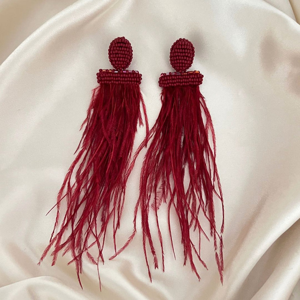 Isadora Feather Earrings - Wine Red - Satin - Paulie Pocket