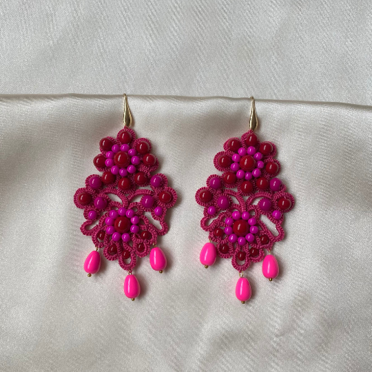 Lacy Statement Earrings - Satin - Fuchsia Red - Paulie Pocket