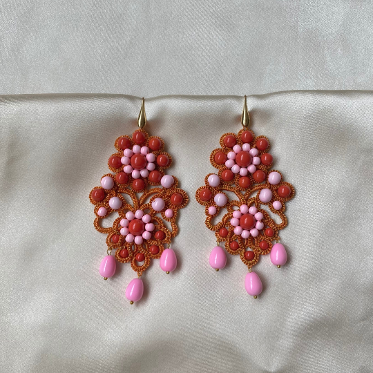 Lacy Statement Earrings - Orange Pink - Satin - Paulie Pocket