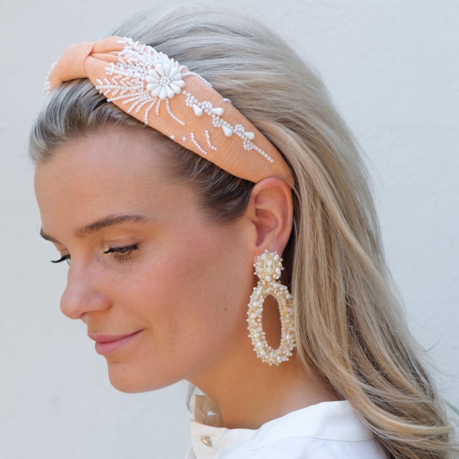 Linen Headband - Peach - Model - Paulie Pocket1