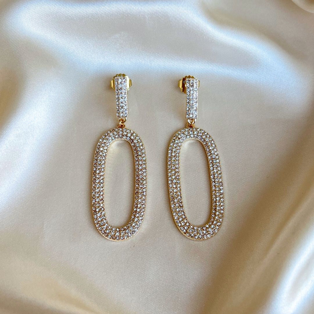 Oval Glitter Earrings - Gold Crystal