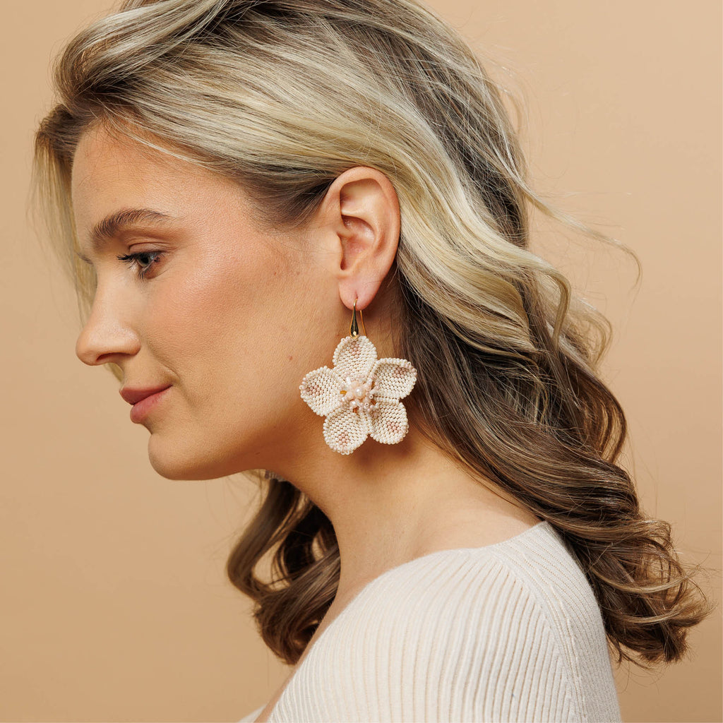 Poppy Flower Earrings - Beige Blush - Model - Paulie Pocket