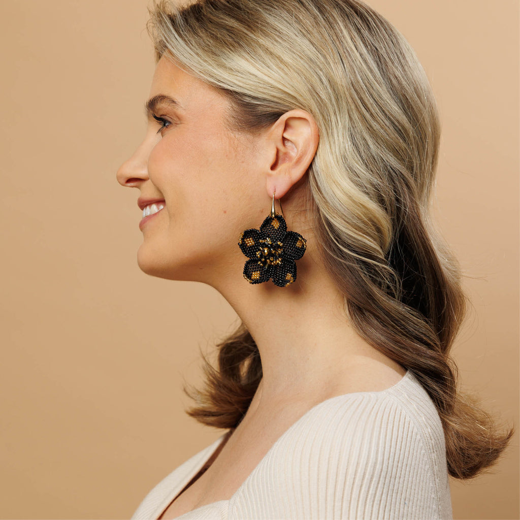 Poppy Flower Earrings - Black Gold - Model - Paulie Pocket