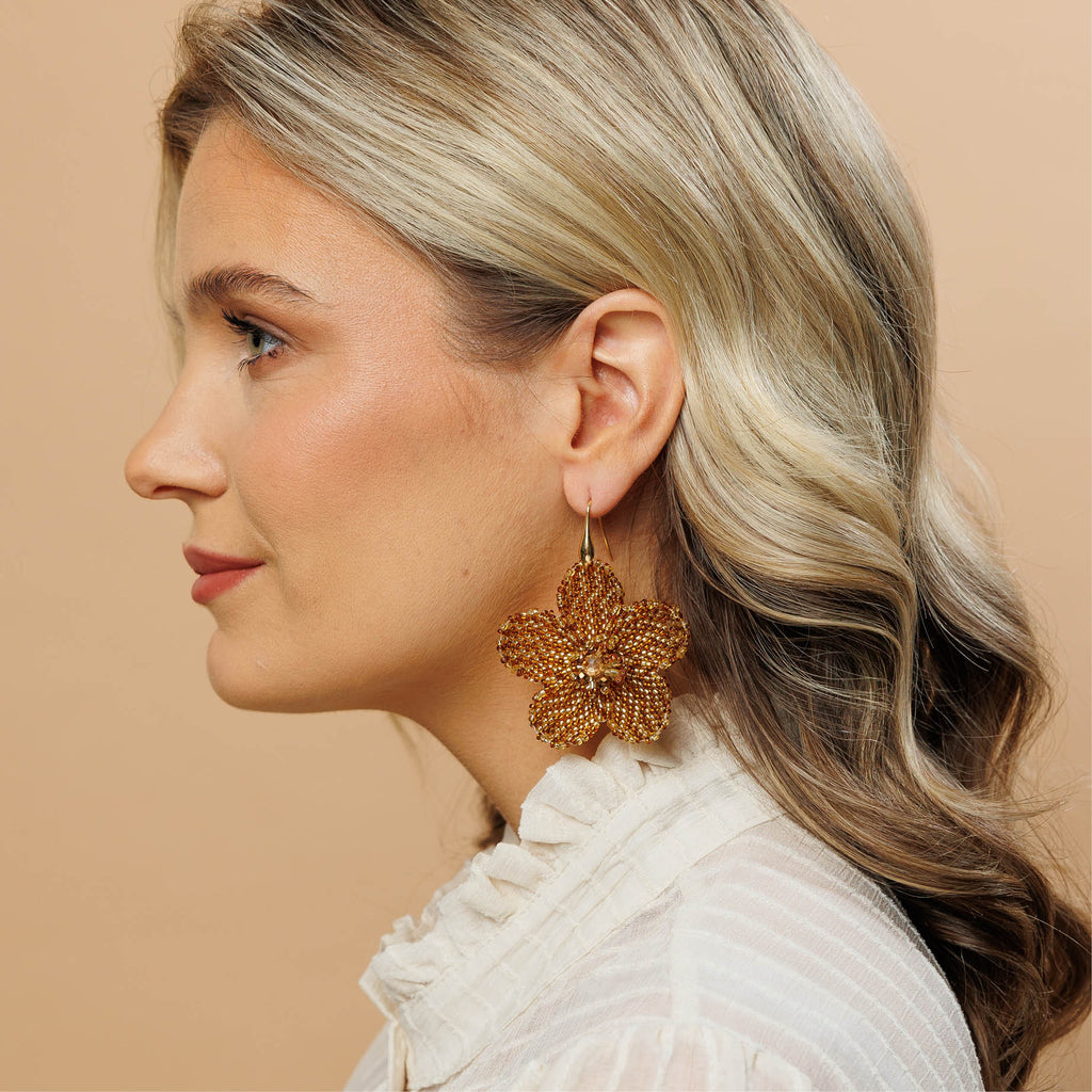 Poppy Flower Earrings - Gold - Model - Paulie Pocket