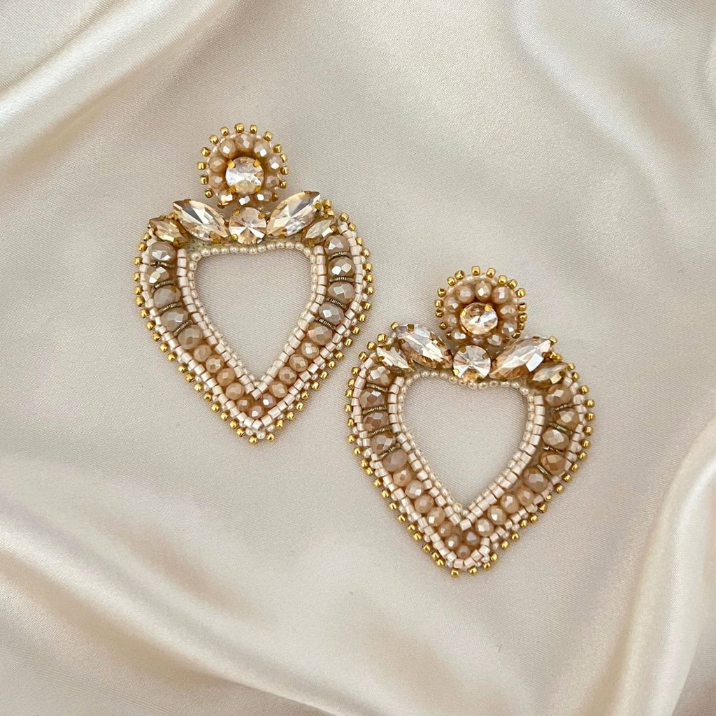 Statement Heart Earrings - Beige - Satin - Paulie Pocket