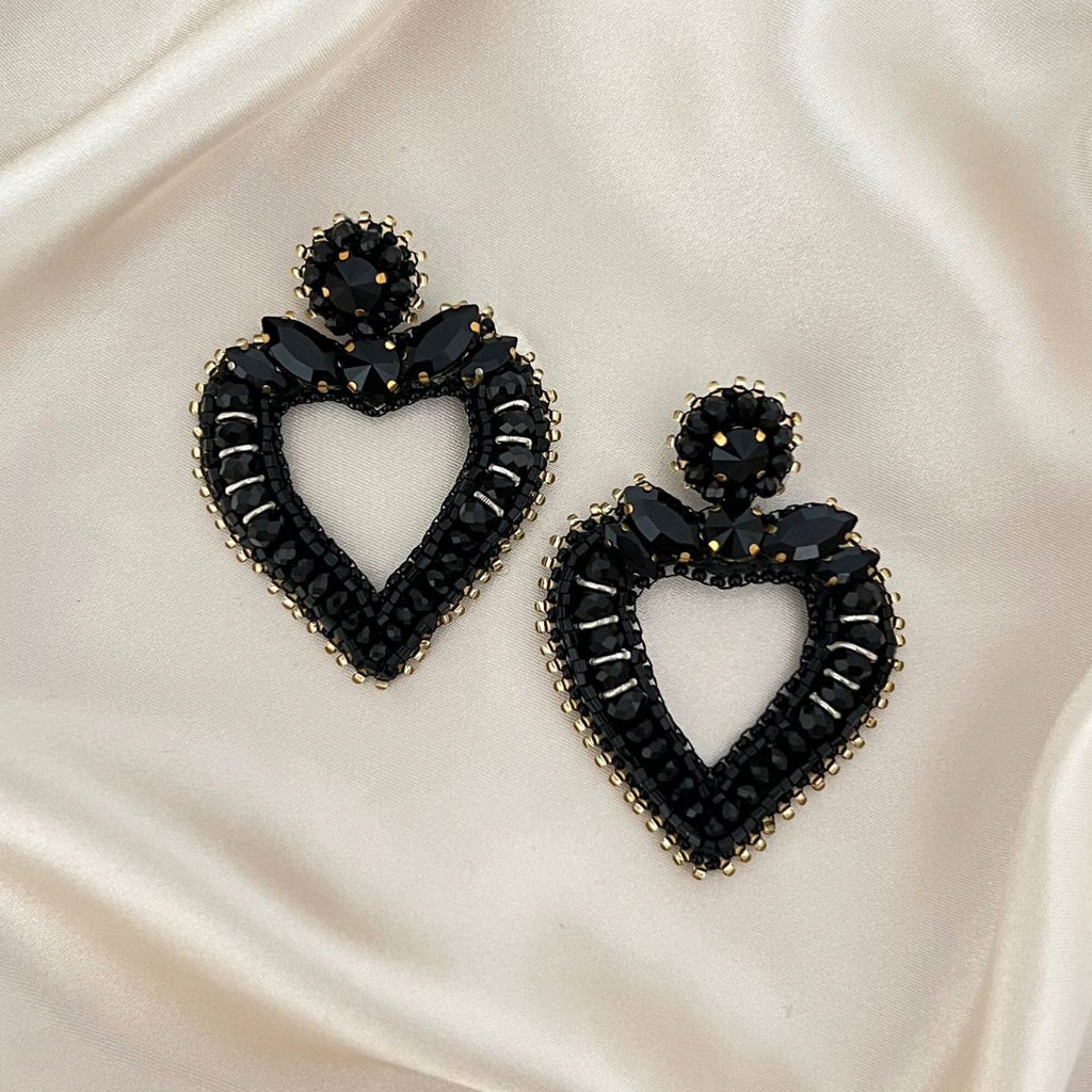 Statement Heart Earrings - Black - Satin - Paulie Pocket