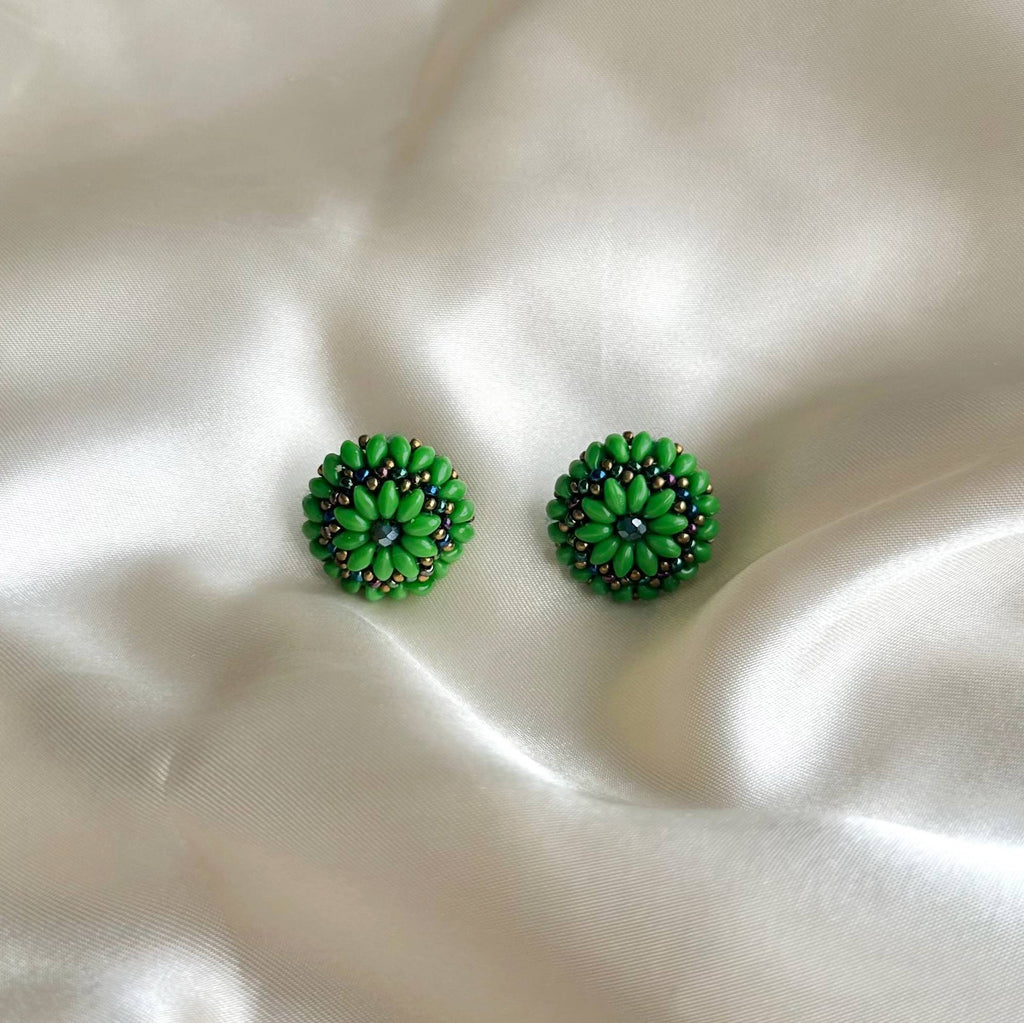 Tiny Flower Earrings - Green - Satin - Paulie Pocket