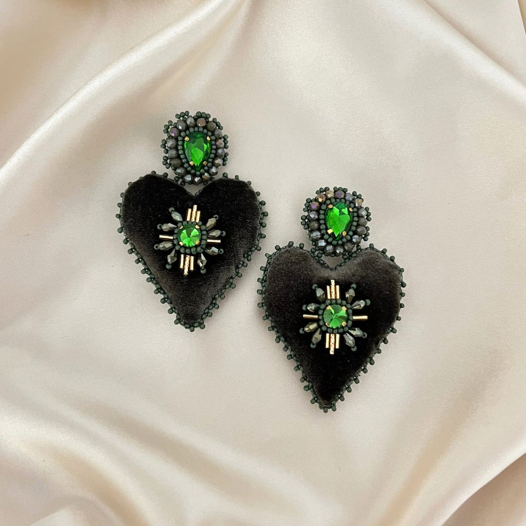 Velvet Heart Earrings - Green - Satin - Paulie Pocket