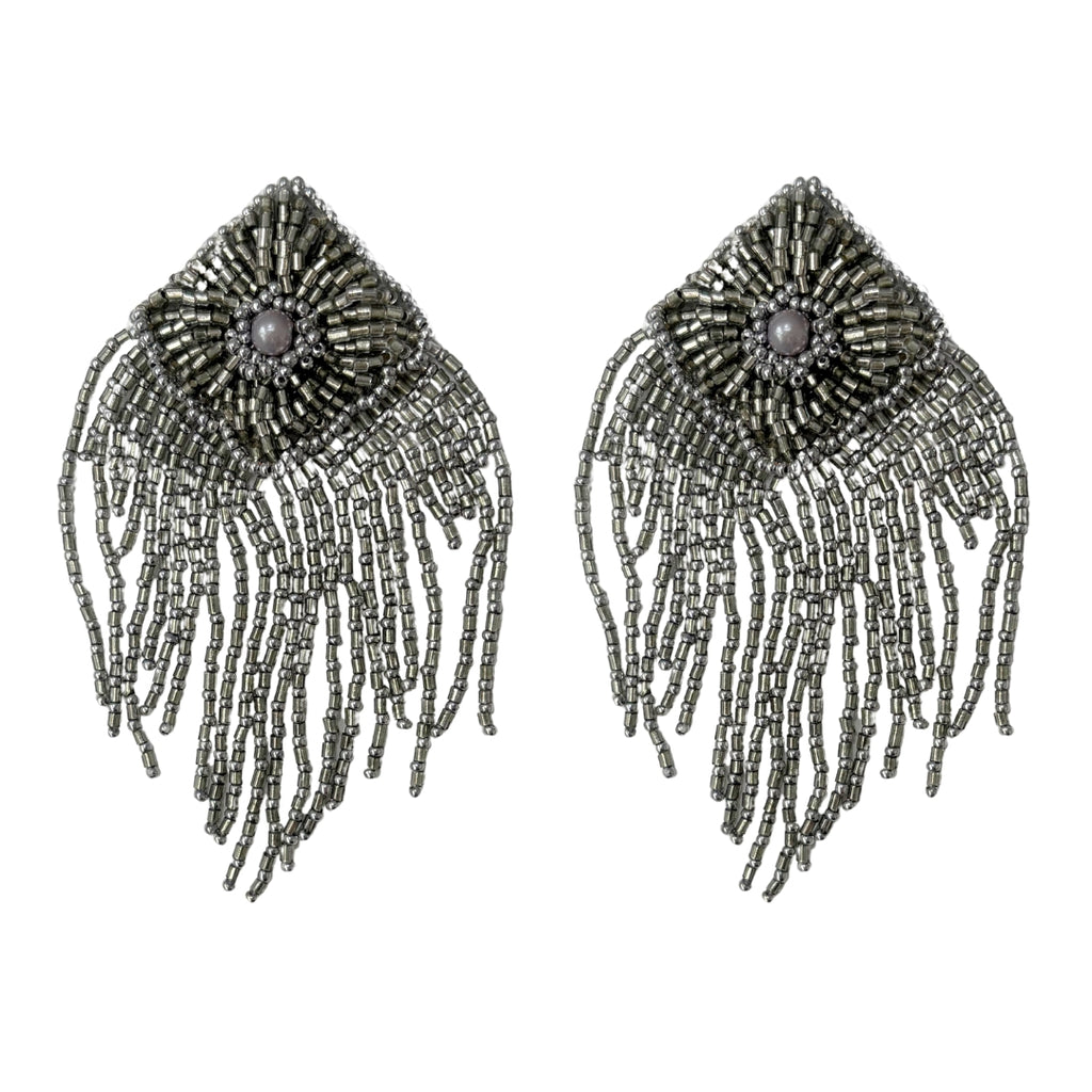 Beaded Fringe Earrings - Silver