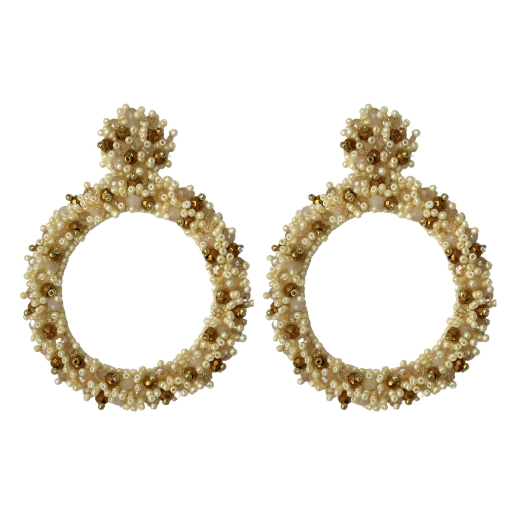 Beaded Hoops Earrings - Beige Gold