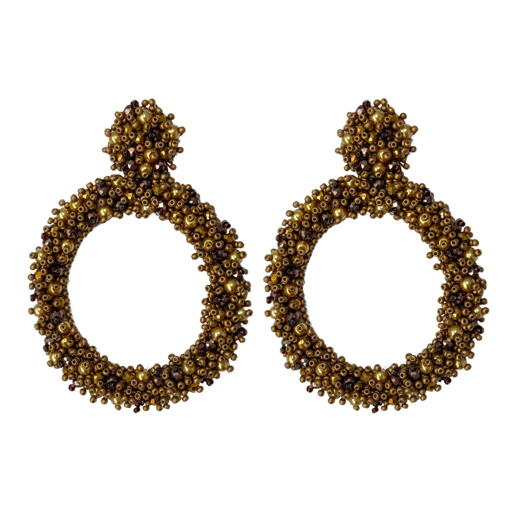 Beaded Hoops Earrings - Brown Gold