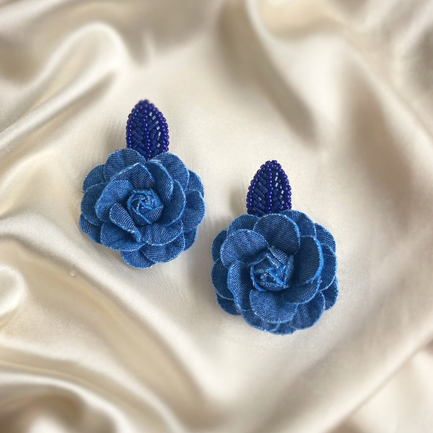 Denim Flower Earrings - Cobalt blue