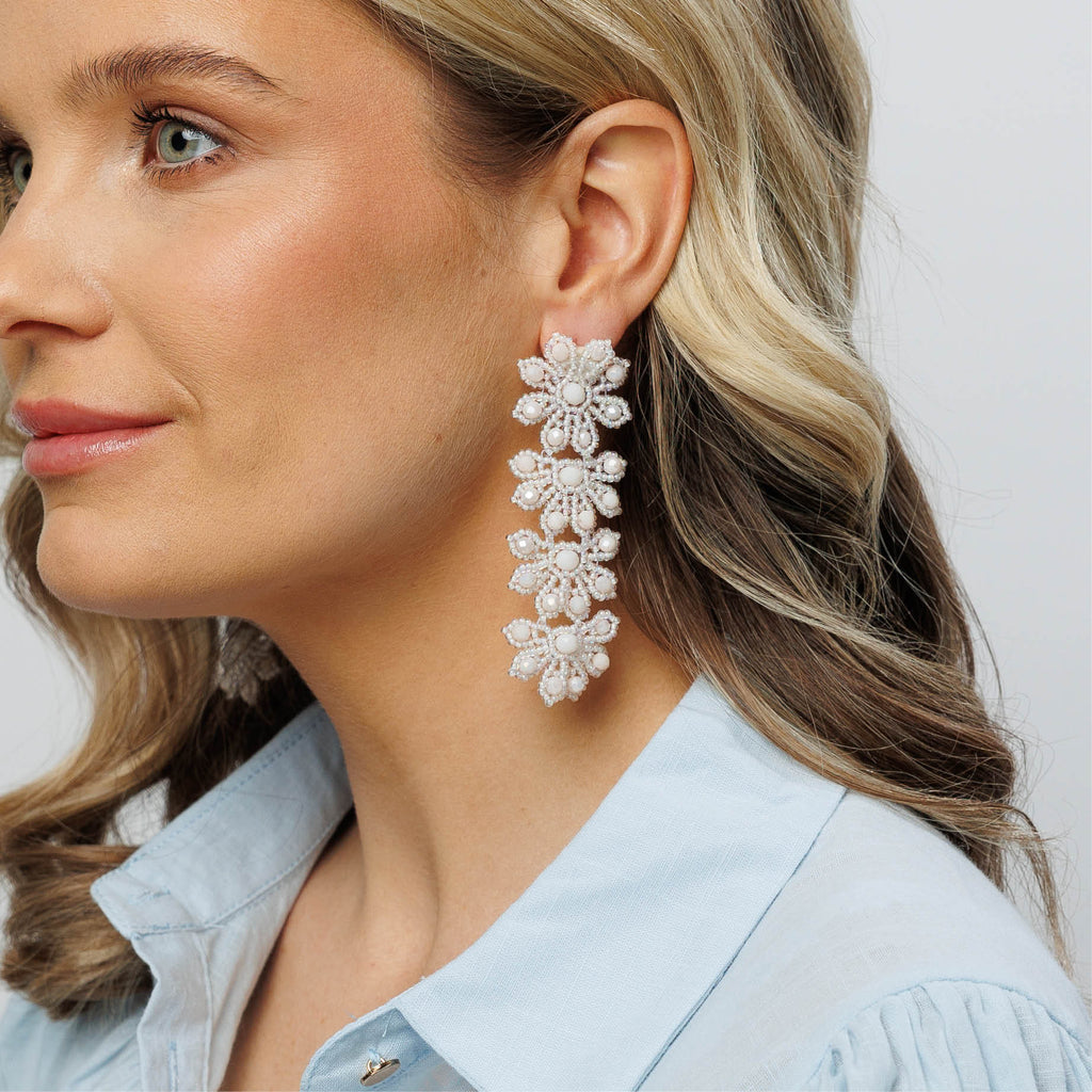 Flowery Statement Earrings - White - Model - Paulie Pocket