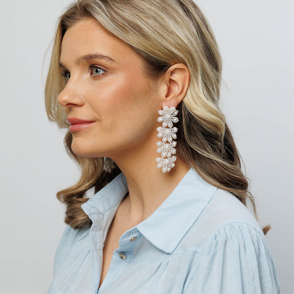 Flowery Statement Earrings - White - Model - Paulie Pocket2