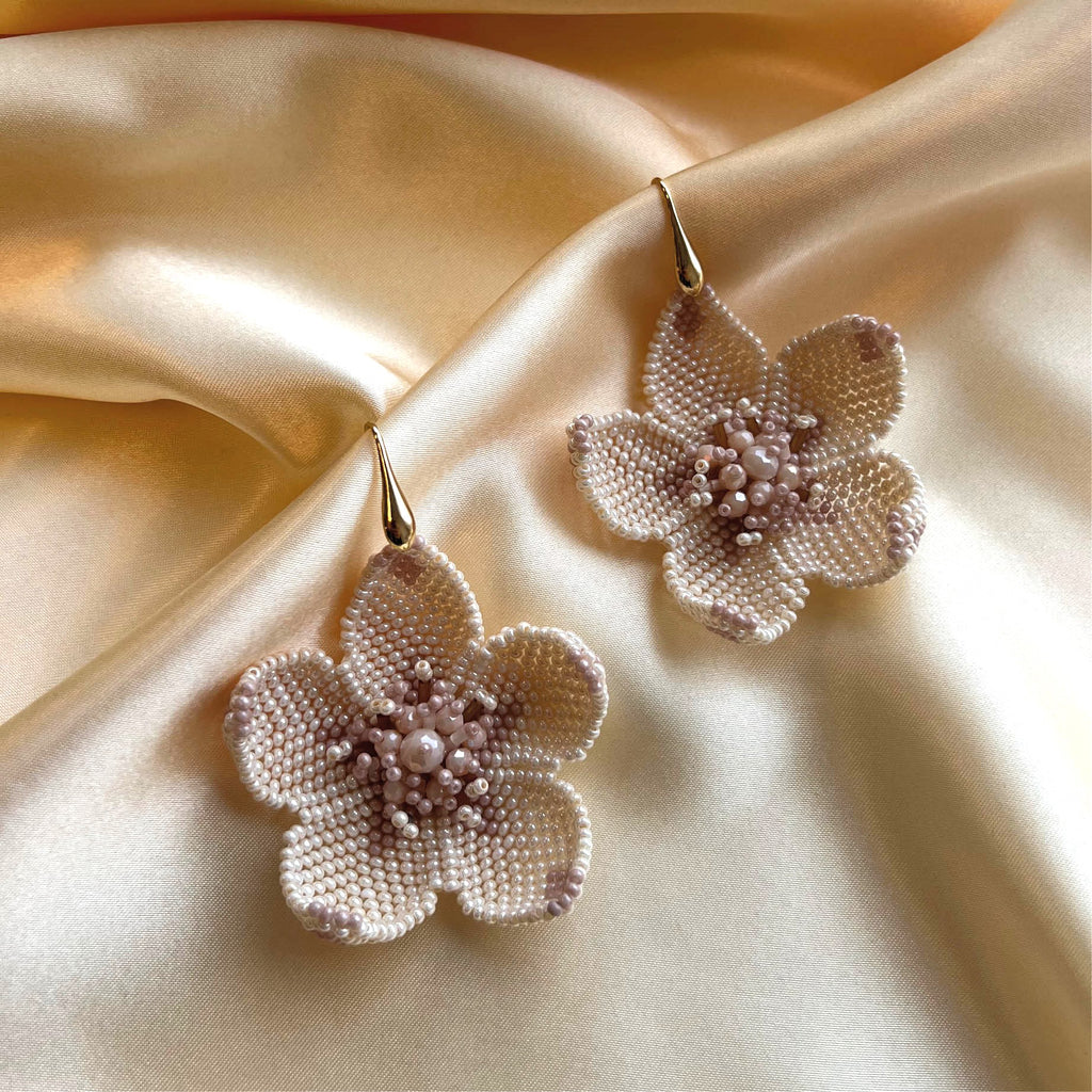 Poppy Flower Earrings - Beige Blush - Satin - Paulie Pocket