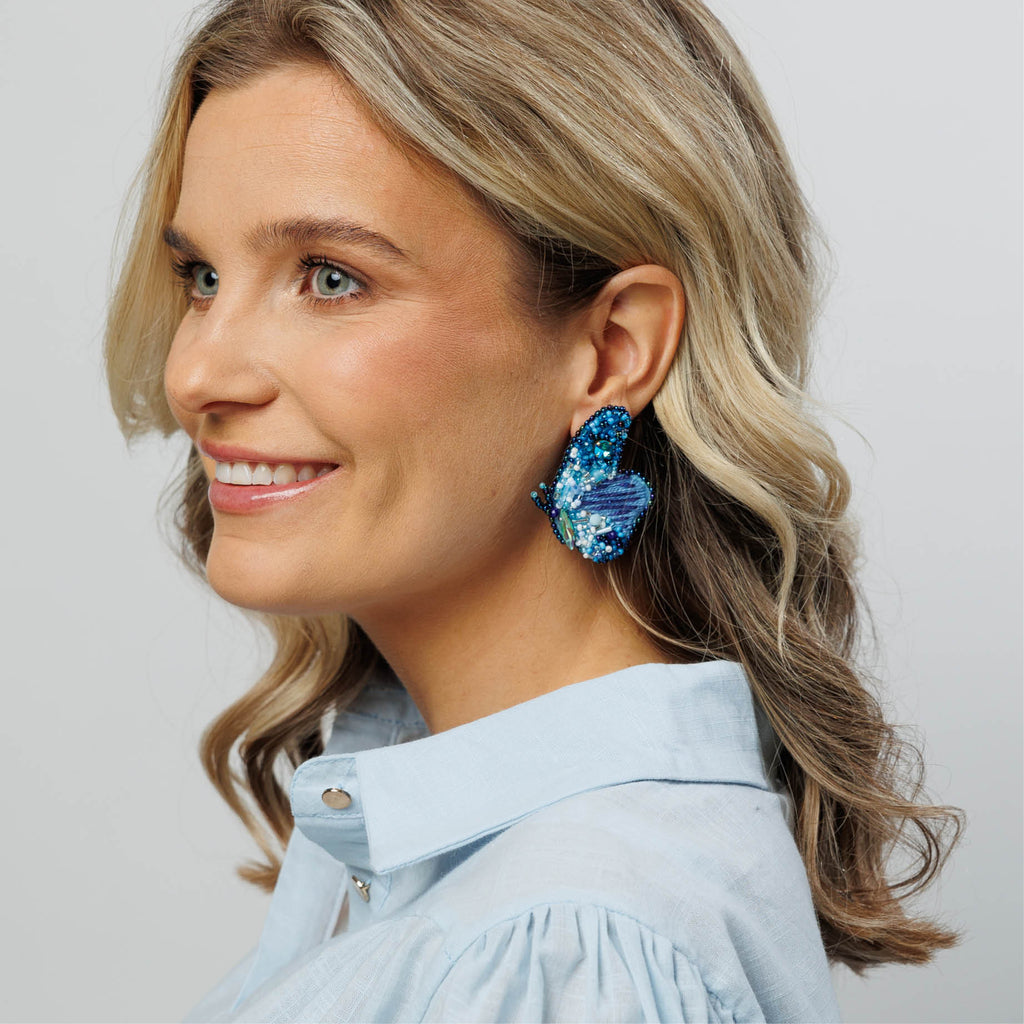 Papilon Earrings - Blue - Model - Paulie Pocket