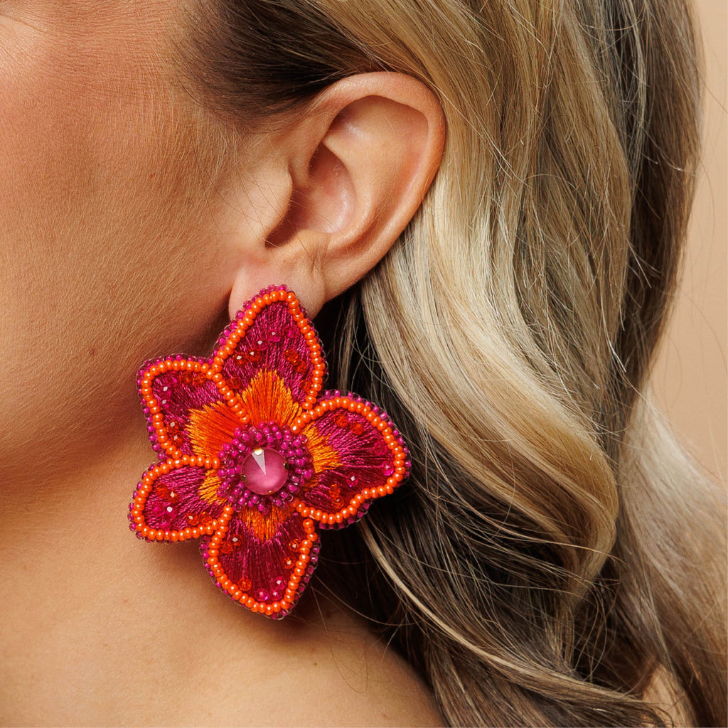 Paradise Earrings - Fuchsia Orange - Model - Paulie Pocket3