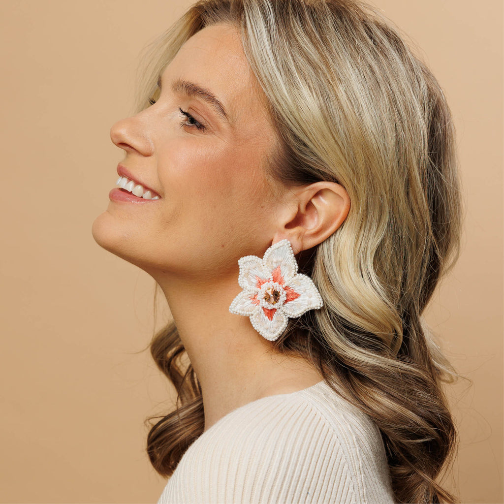 Paradise Earrings - White Coral - Model - Paulie Pocket