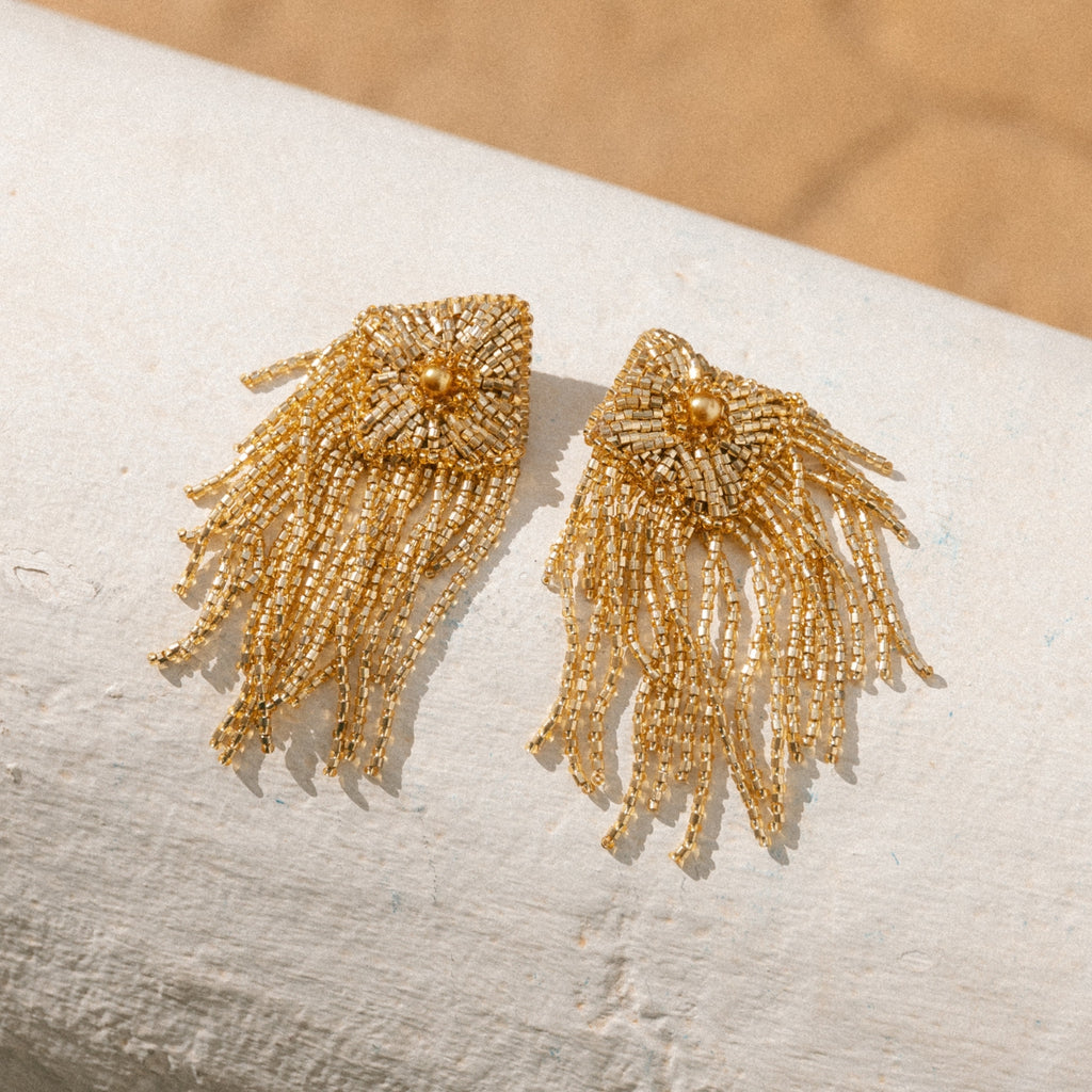 Beaded Fringe Earrings - Gold