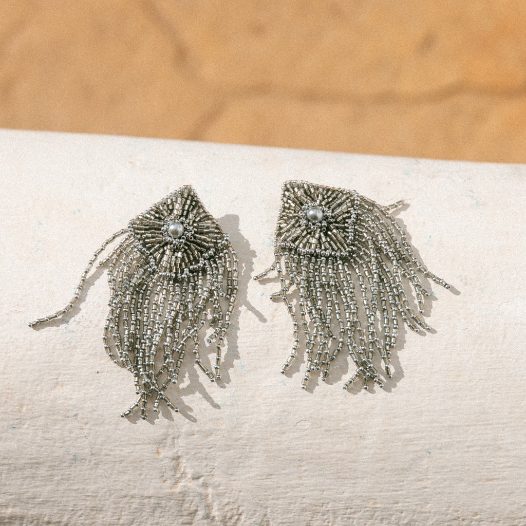 Beaded Fringe Earrings - Silver