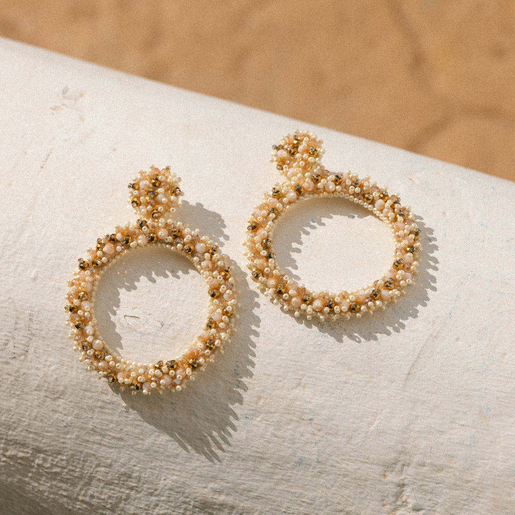 Beaded Hoops Earrings - Beige Gold
