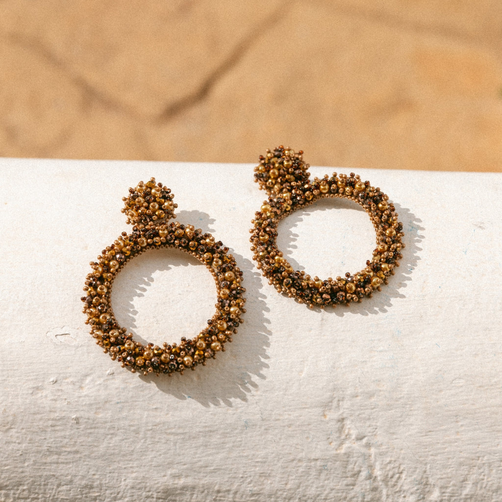 Beaded Hoops Earrings - Brown Gold