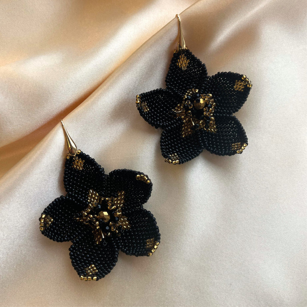 Poppy Flower Earrings - Black Gold - Satin - Paulie Pocket