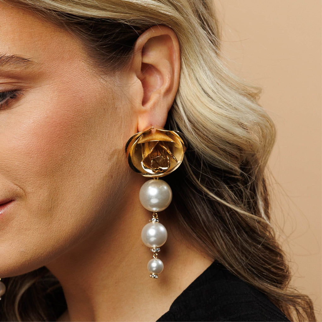 Rose Pearl Earrings - Model - Paulie Pocket2