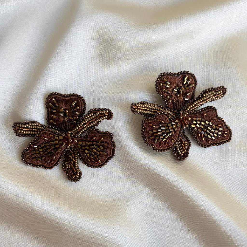 Statement Flower Earrings - Brown