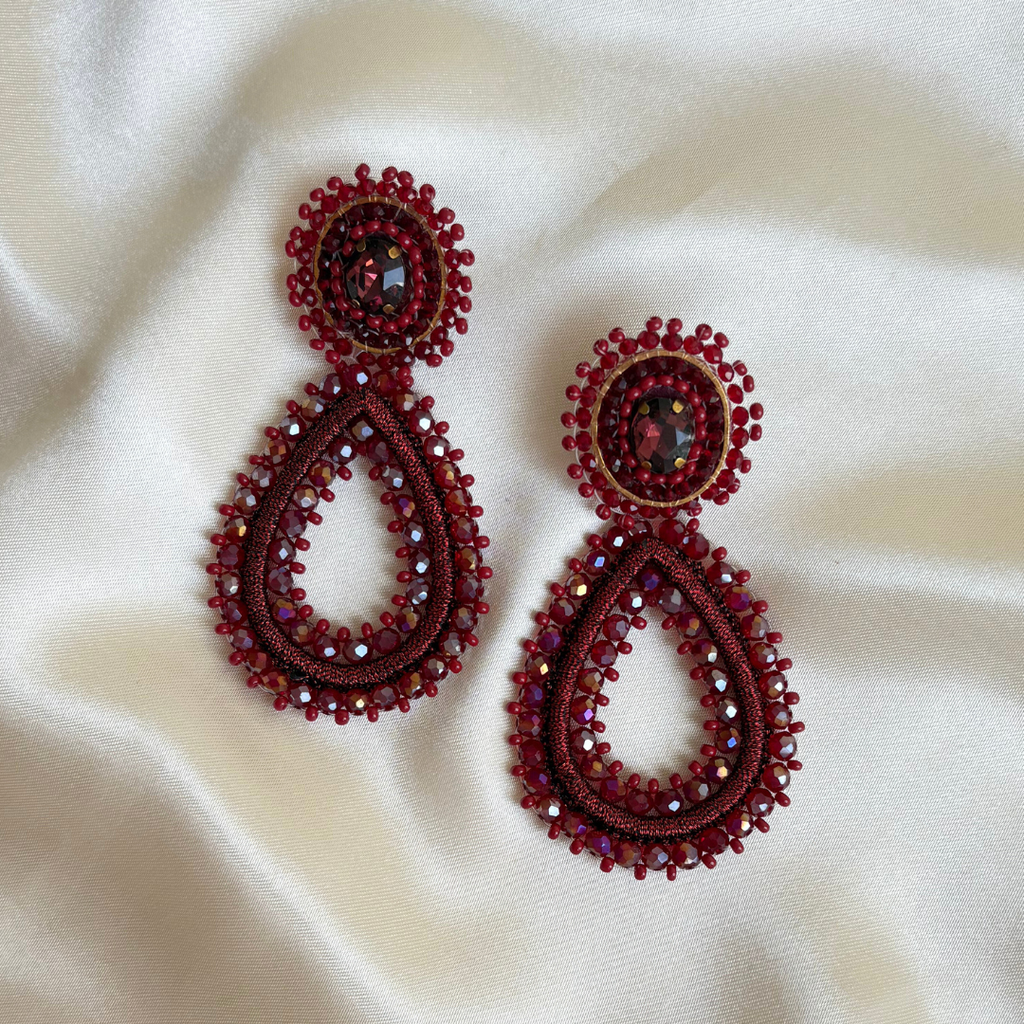 Tarah Drops Stone Earrings - Burgundy