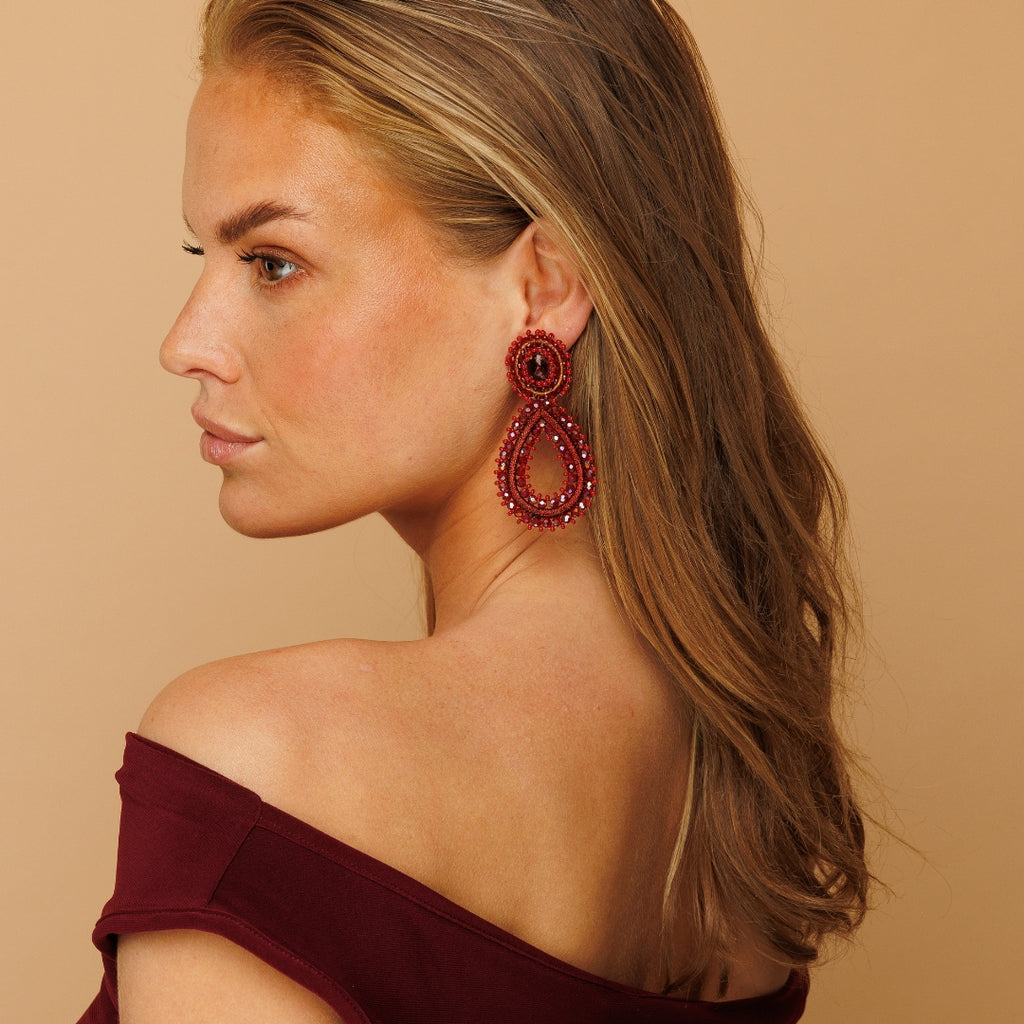 Tarah Drops Stone Earrings - Burgundy