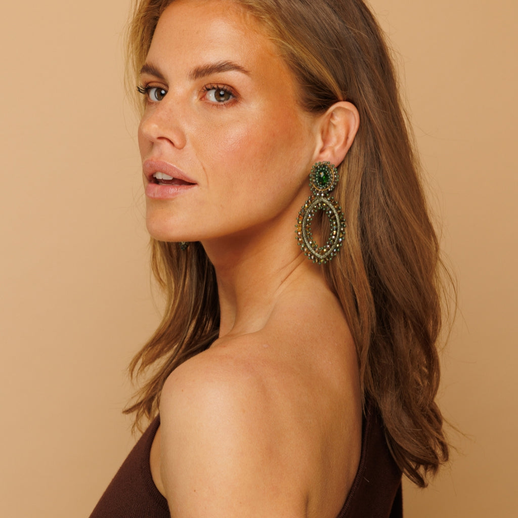 Tarah Navette Stone Earrings - Olive Green