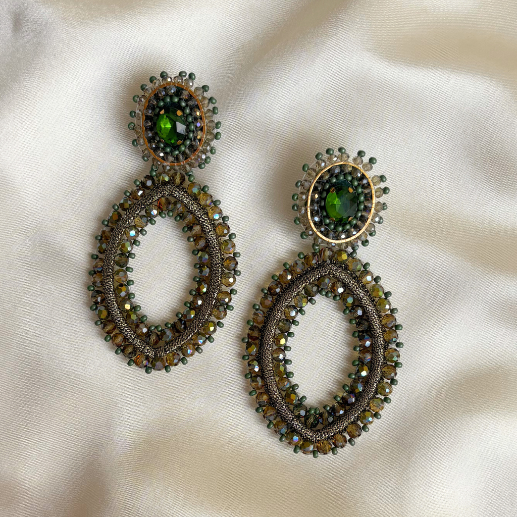 Tarah Navette Stone Earrings - Olive Green